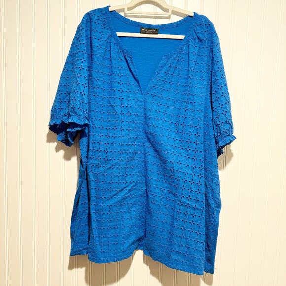 Lane Bryant Cobalt Blue Eyelet Cotton Top V Neck Plus Size 26/28 - Picture 2 of 7